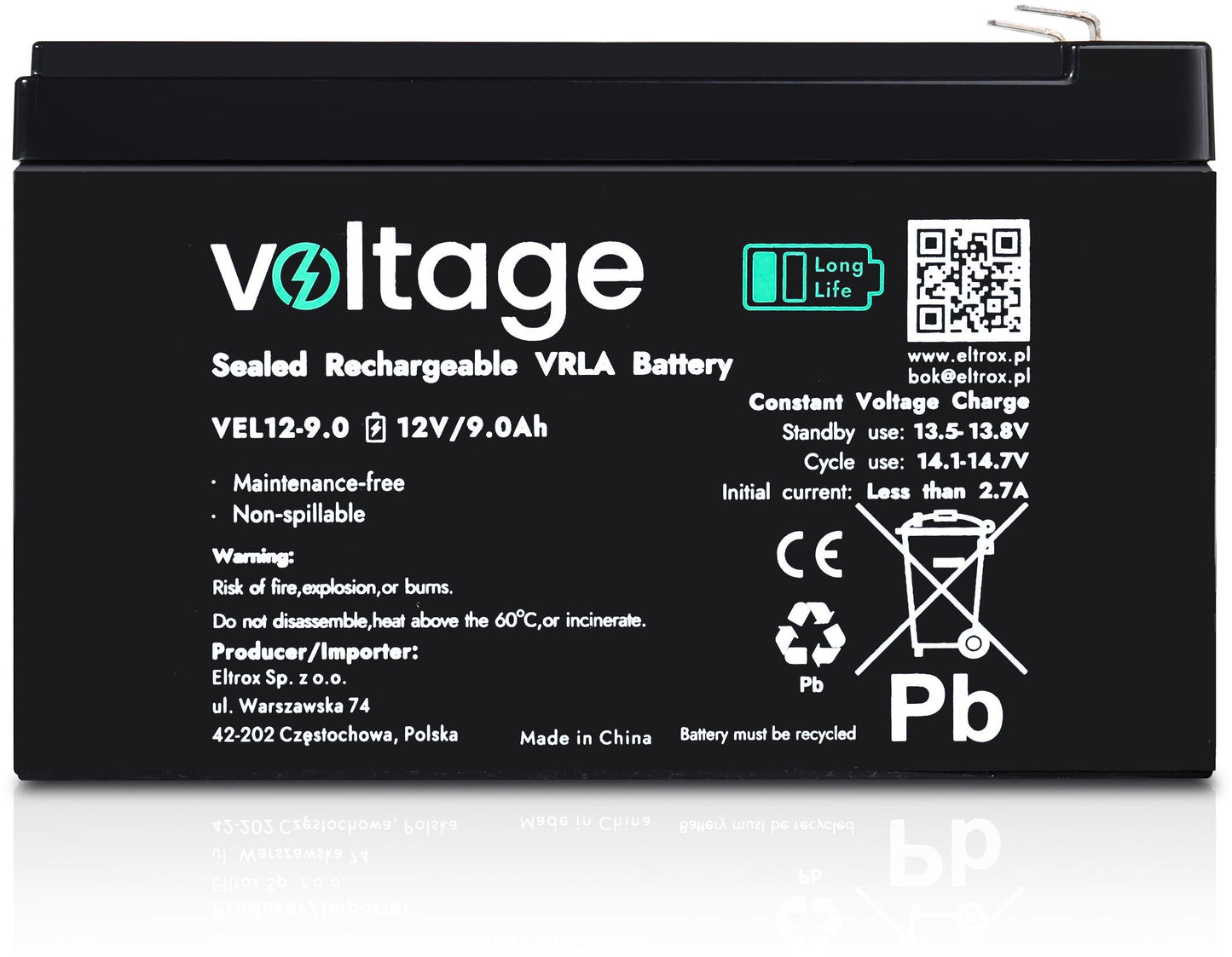 Akumulator AGM Voltage Long Life 12V 9Ah VEL12-9.0 (Żywotność 15 lat)