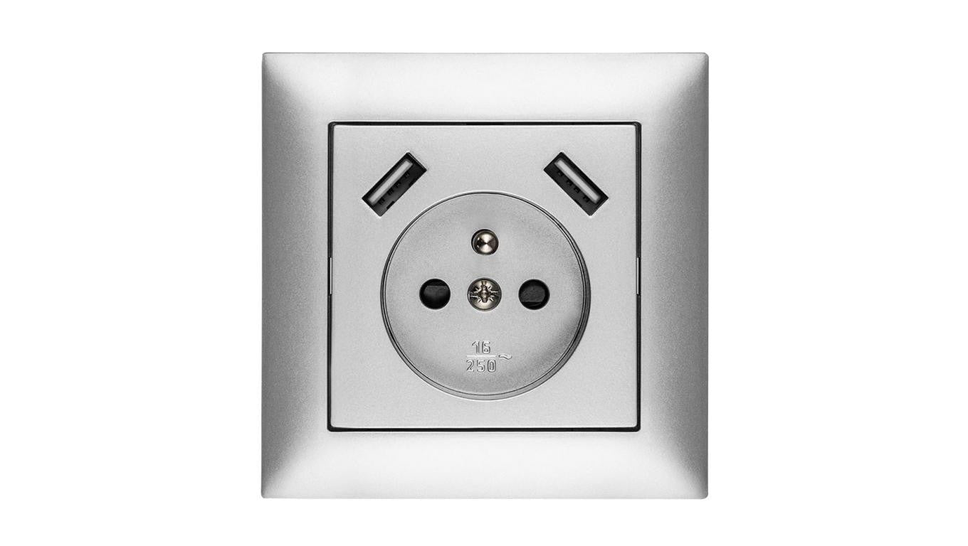 Sentia Gniazdo pojedyncze z/u 16A z USB 2x2,1A 5VDC z przesłonami i ramką srebrne GPT 2P+Z 2xUSB 1488-06