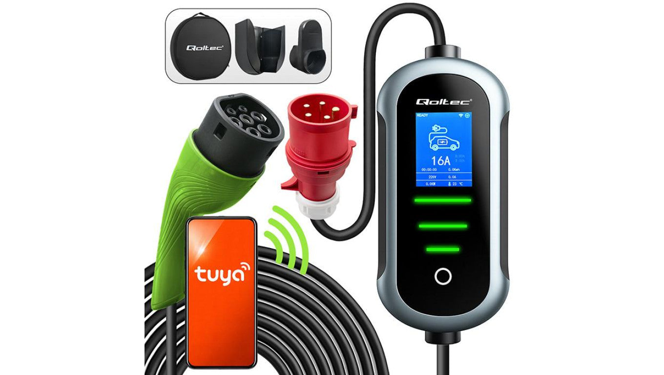 52721 Mobilna ładowarka do samochodu elektrycznego EV z regulacją 2w1 Typ2 7kW 230V CEE 32A Wi-fi TUYA SMART LIFE LCD Wallbox 5m