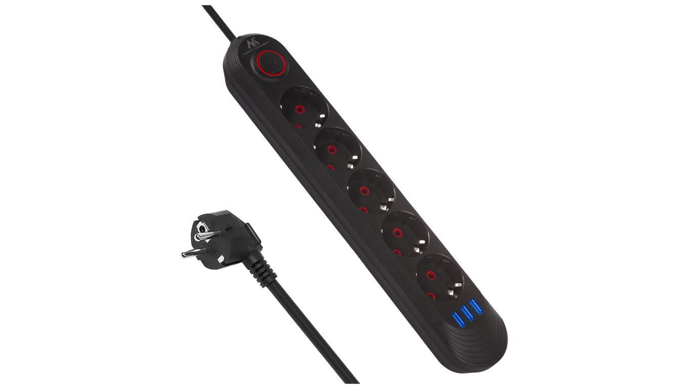 Listwa zasilająca Maclean, przedłużacz 5 gniazd + 3xUSB, 110-240V AC 50/60Hz, 2.1A max 2500W, 1,5m, czarna ,MCE395 B