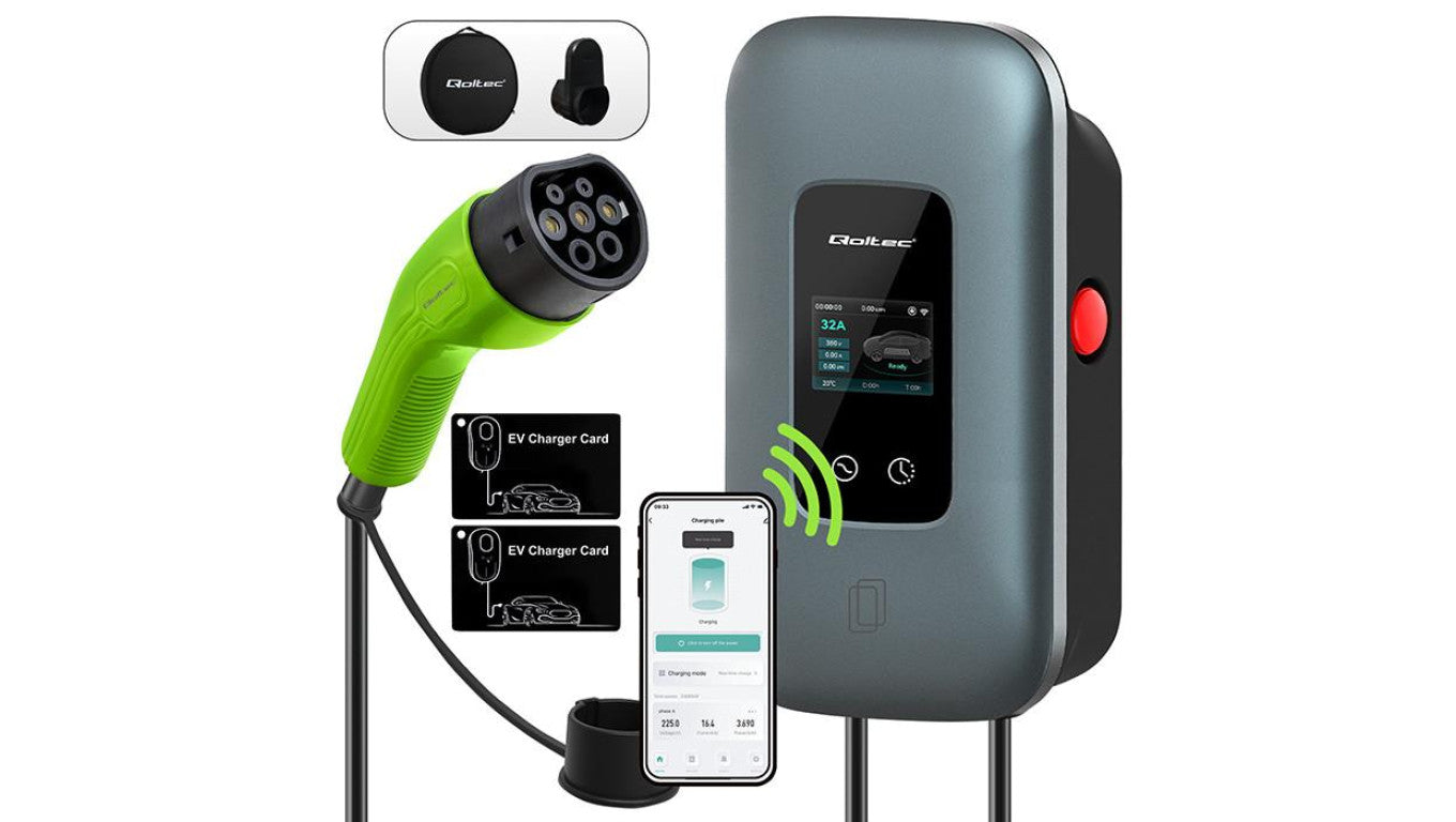 52723 Qoltec Stacja ładowania EV Typ2 3 fazy 22kW 32A Wi-fi LCD RFID TUYA Smart life Wallbox 5m