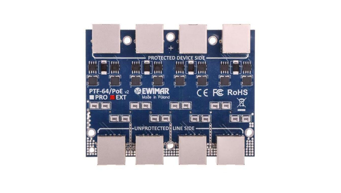 4-kanałowy moduł ogranicznika przepięć sieci LAN Gigabit Ethernet, 3 stopnie ochrony (DGT, MOSFET, TVS) PTF-64-EXT/PoE