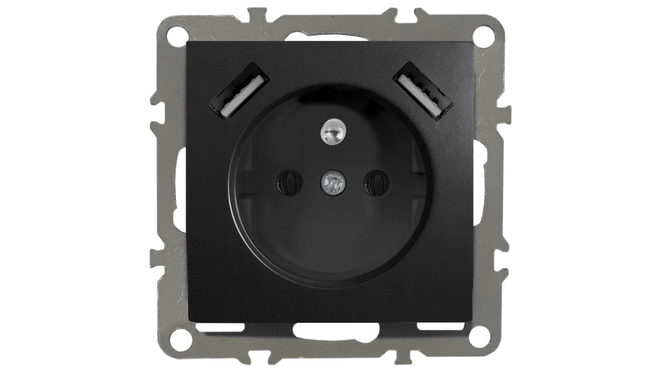 QUADRA Gniazdo z/u + 2x USB 2.1A czarne matowe