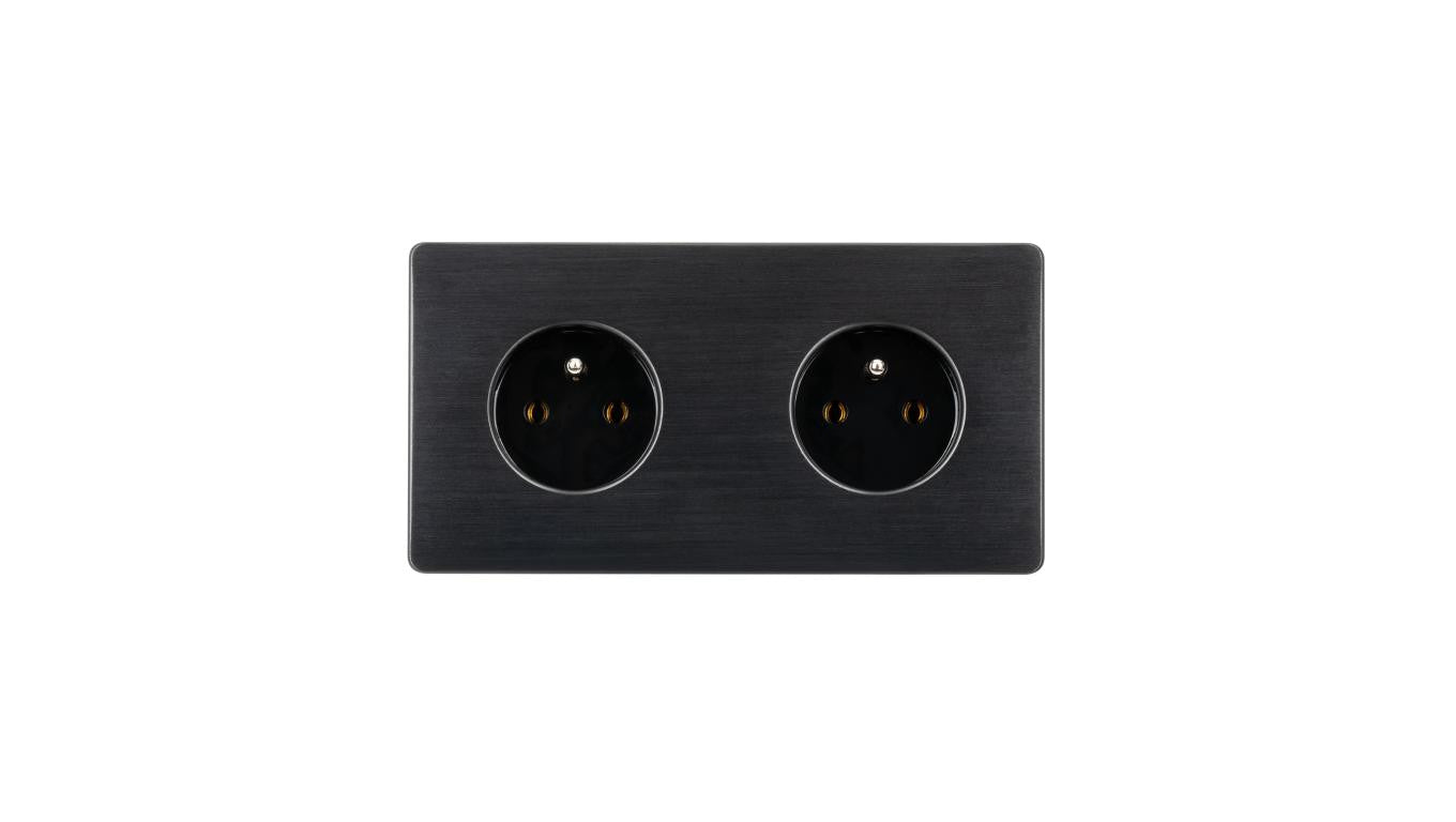 Gniazdko elektryczne czarne podwójne ramka stal szczotkowana PVD Black GN-SNPBL02C