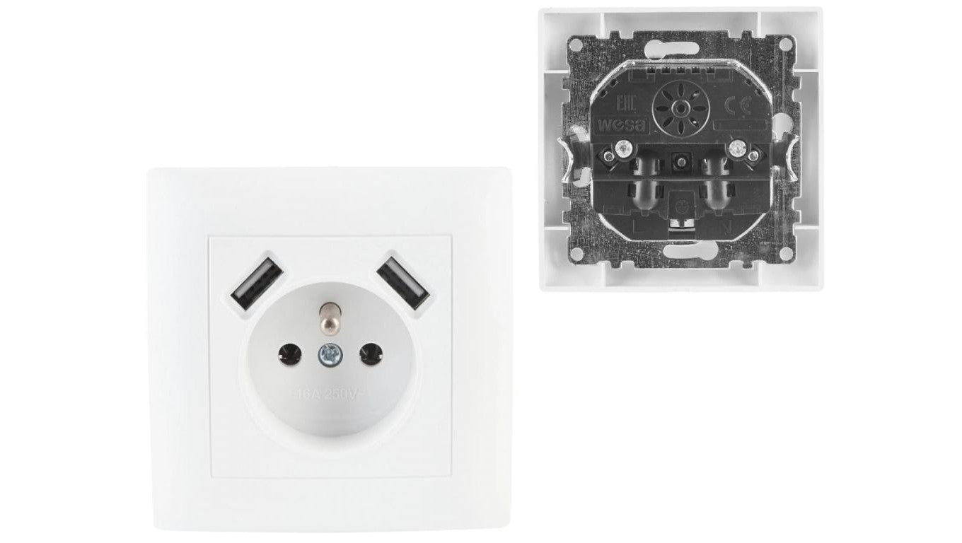 Gniazdo Elektryczne Pojedyncze z Uziemieniem 2x USB 5V 2A 230V 10A Białe