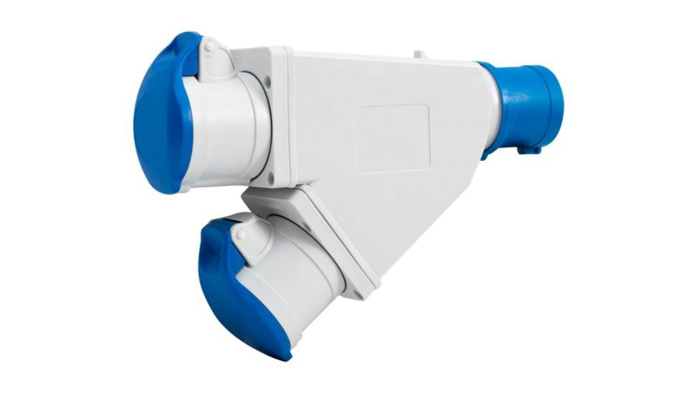 Adapter kempingowy wtyk 16A 3p przemysłowy, gniazdo 2x16A 3P przemysłowe - z uchwytem IP44