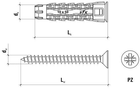 Kołek uniwersalny 6x30/50, wkręt z łbem stożkowym, karton (SFXP-06030050 x 100szt.)