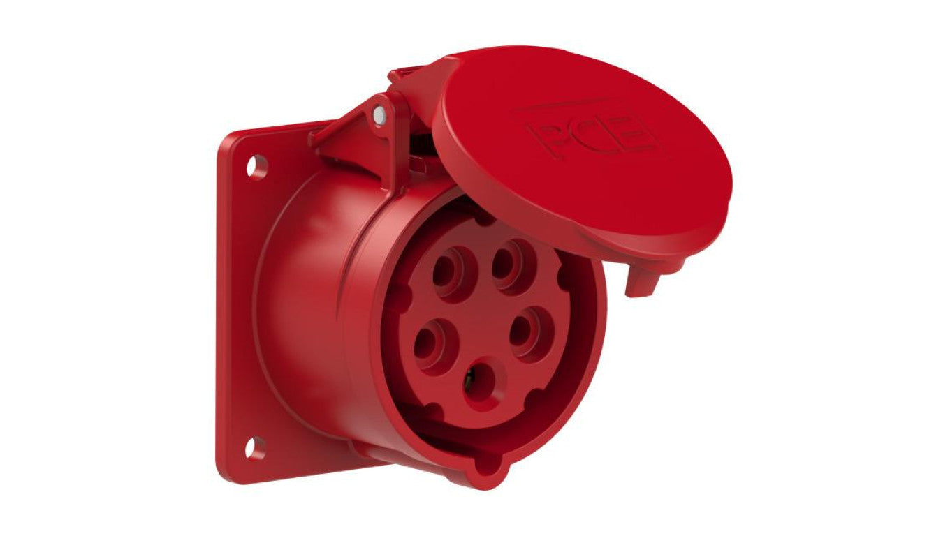 Gniazdo siłowe z klapką 5p 16A 400V tablicowe proste IP54 75x75mm TWIST PCE do obudowy czerwone