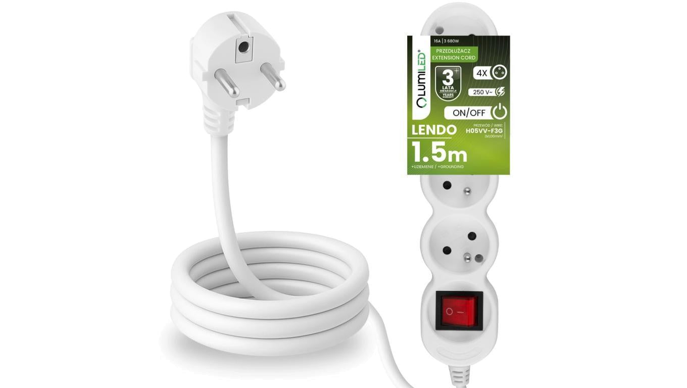 Przedłużacz Sieciowy Kabel z Uziemieniem Listwa Zasilająca 4 Gniazda 1.5m Włącznik ON/OFF Biały Sznur Lendo Lumiled