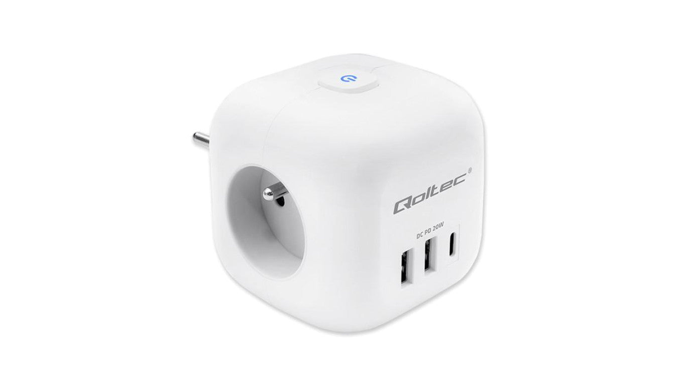Qoltec Kostka zasilająca przedłużacz 6w1 z podświetlanym włącznikiem 3x AC 2x USB 1x USB-C PD 20W Biała