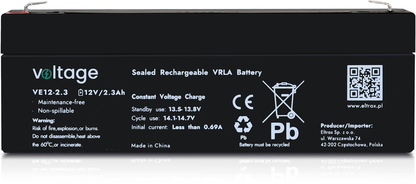 Akumulator AGM Voltage 12V 2,3Ah VE12-2.3 (Żywotność 6-9 lat)