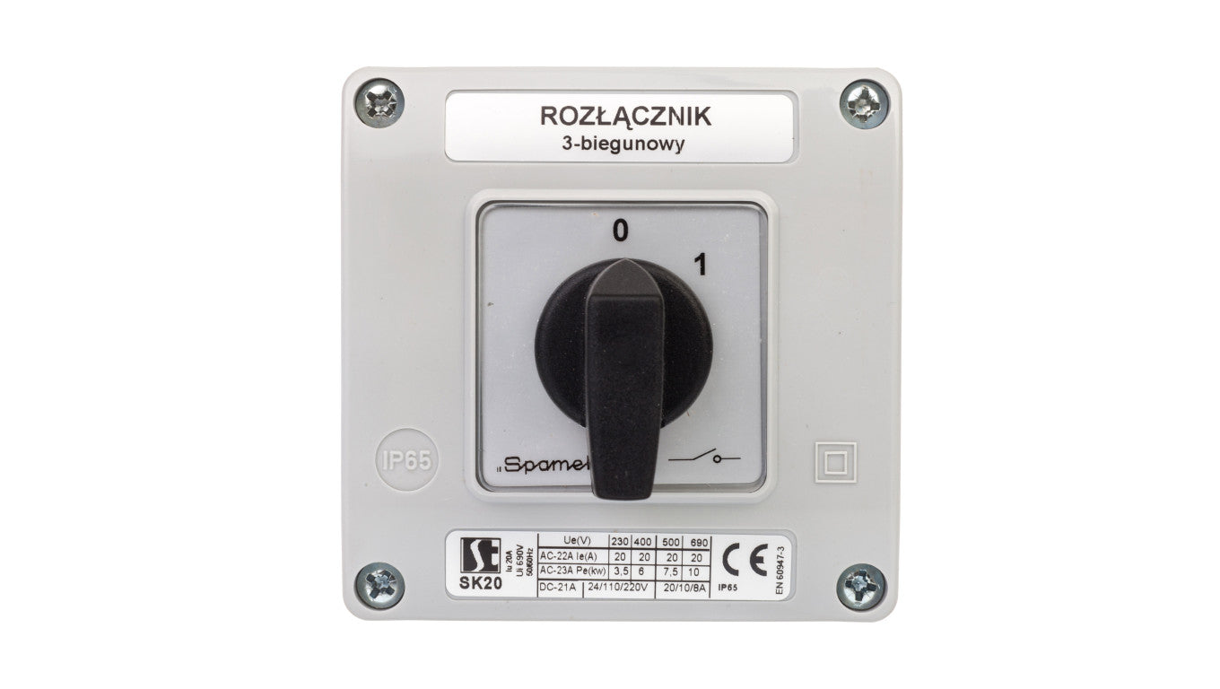Łącznik krzywkowy 0-1 3P 20A w obudowie SK20-2.8211OB11