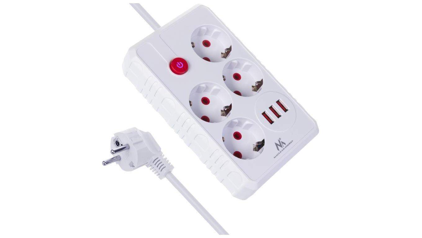 Listwa zasilająca Maclean, przedłużacz 4 gniazda + 3xUSB, 110-240V AC 50/60Hz, 2.1A max 2500W, 3m, biała,MCE393 W