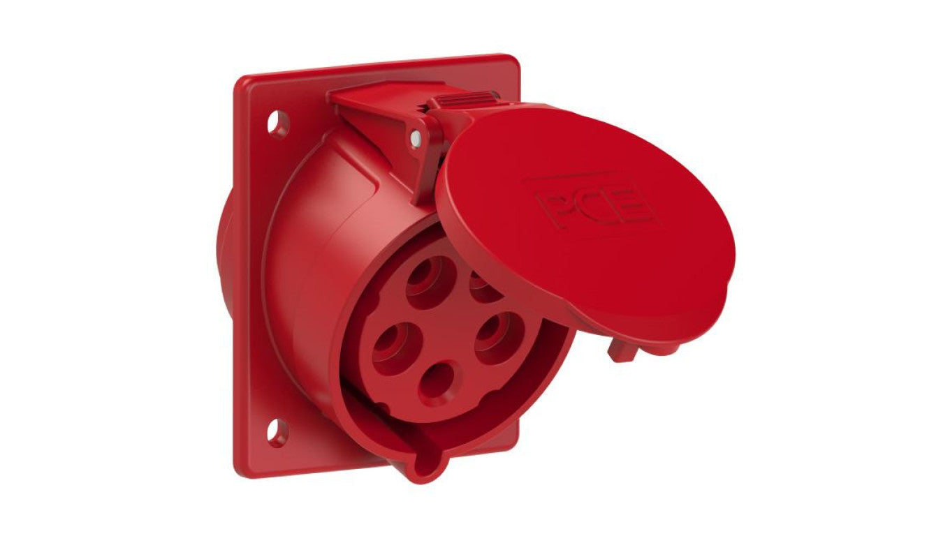 Gniazdo siłowe z klapką 5p 32A 400V tablicowe skośne IP44 80x97mm TWIST PCE do obudowy czerwone