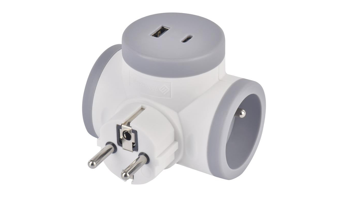 Rozgałęźnik 2×, 1×USB-A+1×USB-C, biało-szary