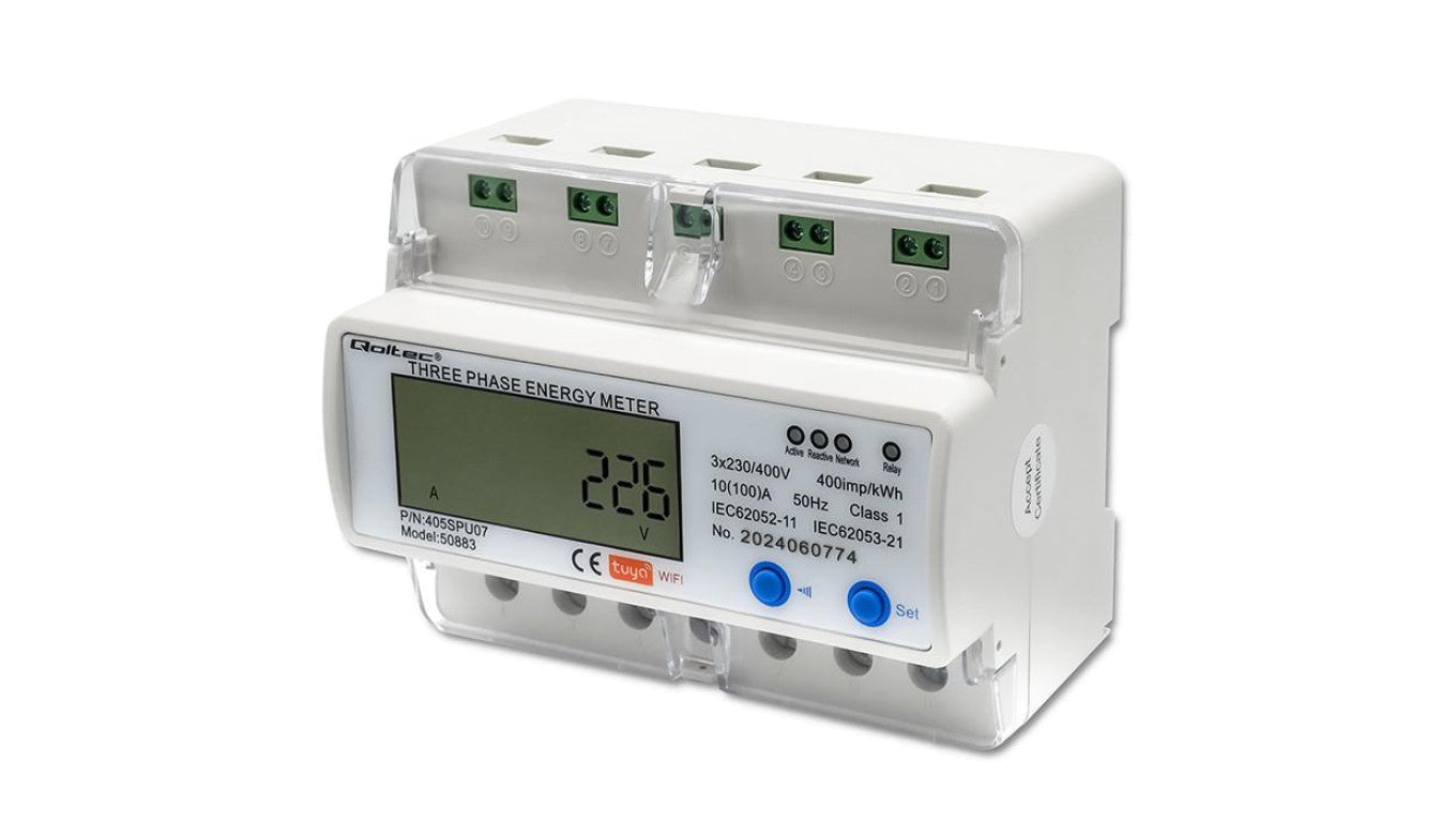 Qoltec Trójfazowy elektroniczny licznik miernik zużycia energii na szynę DIN Wi-fi TUYA 400V LCD