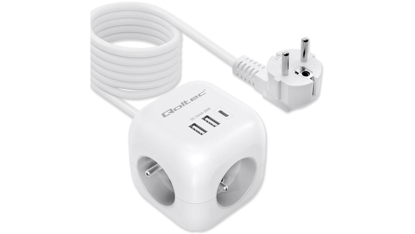 Qoltec Kostka zasilająca przedłużacz 6w1 z podświetlanym włącznikiem 3x AC 2x USB 1x USB-C PD 20W Biała Kabel 2m