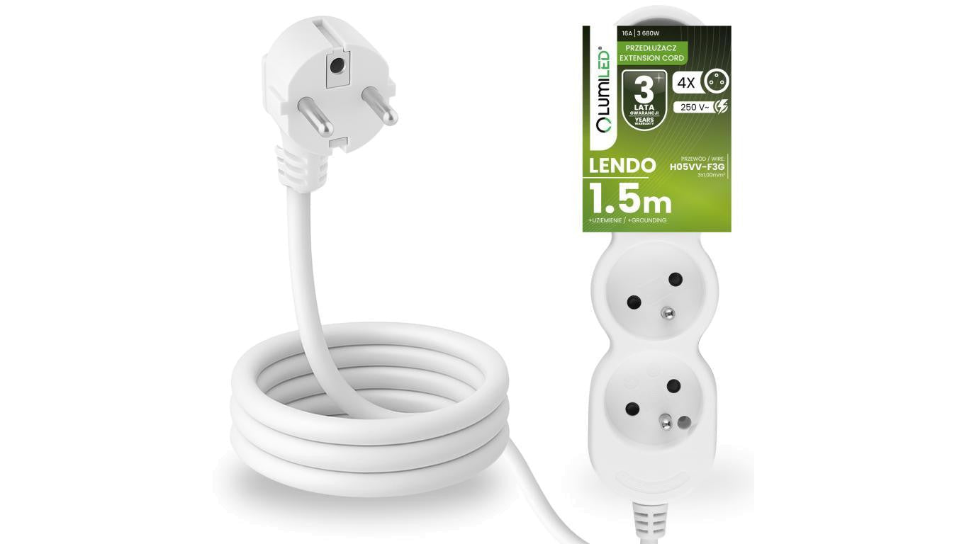 Przedłużacz Sieciowy Kabel z Uziemieniem Listwa Zasilająca 4 Gniazda 1.5m Biały Sznur Lendo Lumiled