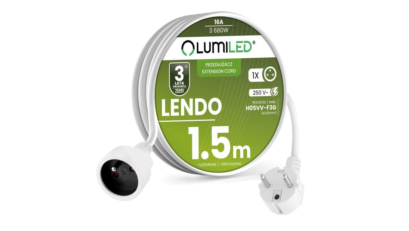 Przedłużacz Sieciowy Kabel z Uziemieniem Listwa Zasilająca 1 Gniazdo 1.5m Biały Sznur Lendo Lumiled