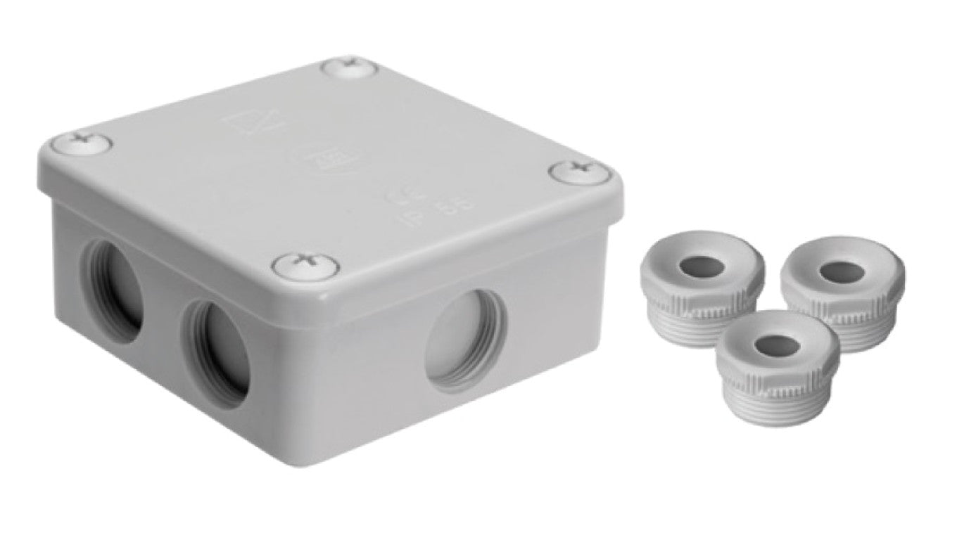 Puszka natynkowa, materiał-bakelit, kolor RAL7035, IP54, 500V, 7 wyjść, 3 dławiki WN16 K85/3WN16
