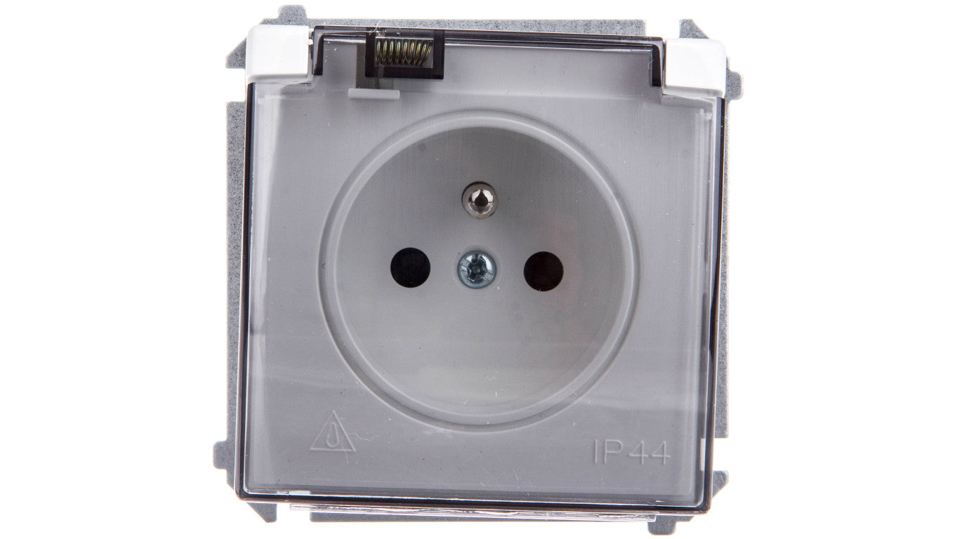 Simon Basic Gniazdo bryzgoszczelne z/u IP44 z przesłoną torów i klapką dymną białe BMGZ1Bz.01/11a