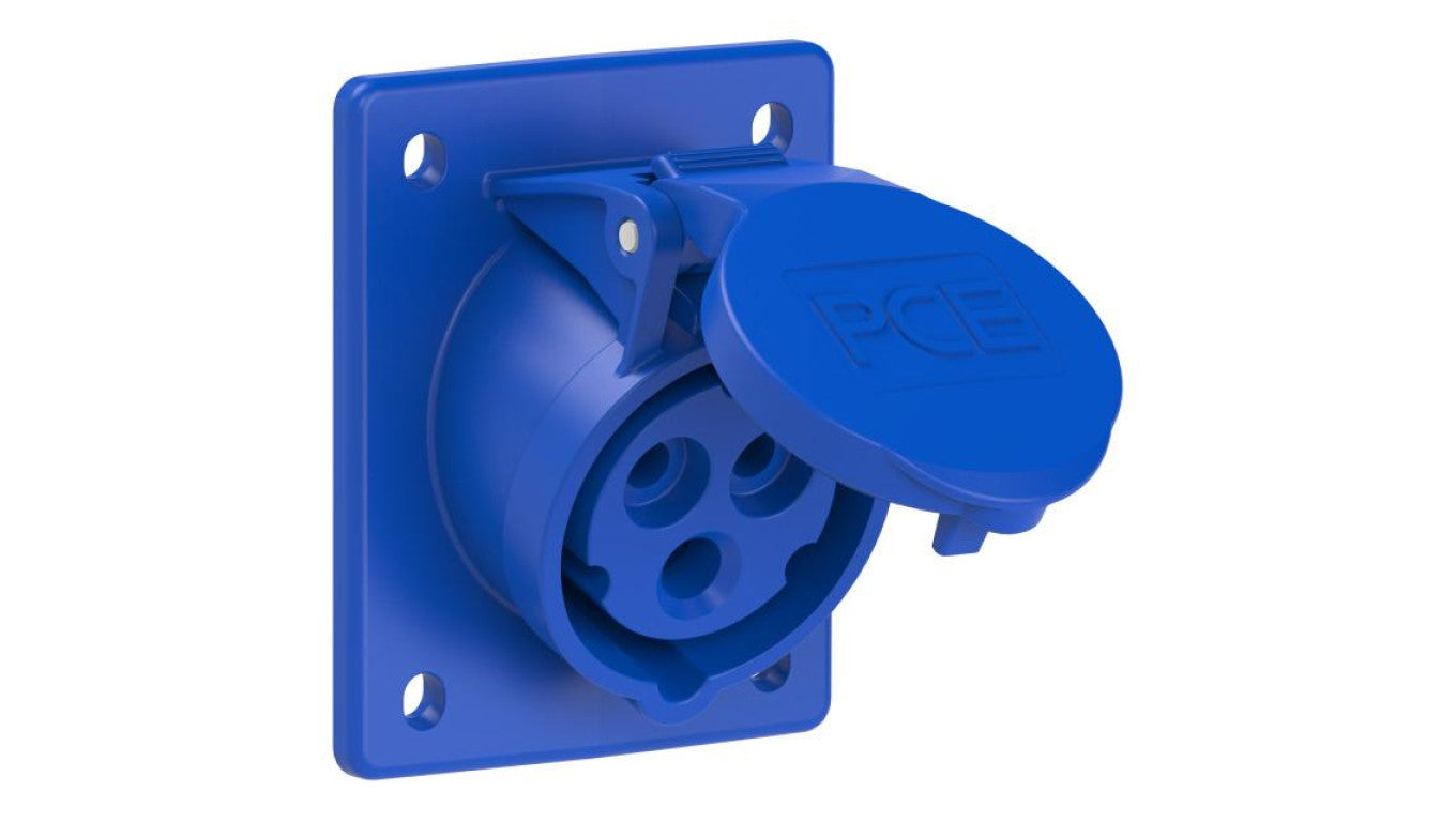 Gniazdo stałe z klapką 3p 16A 230V IP44 tablicowe skośne 70x85mm TWIST PCE do obudowy niebieskie