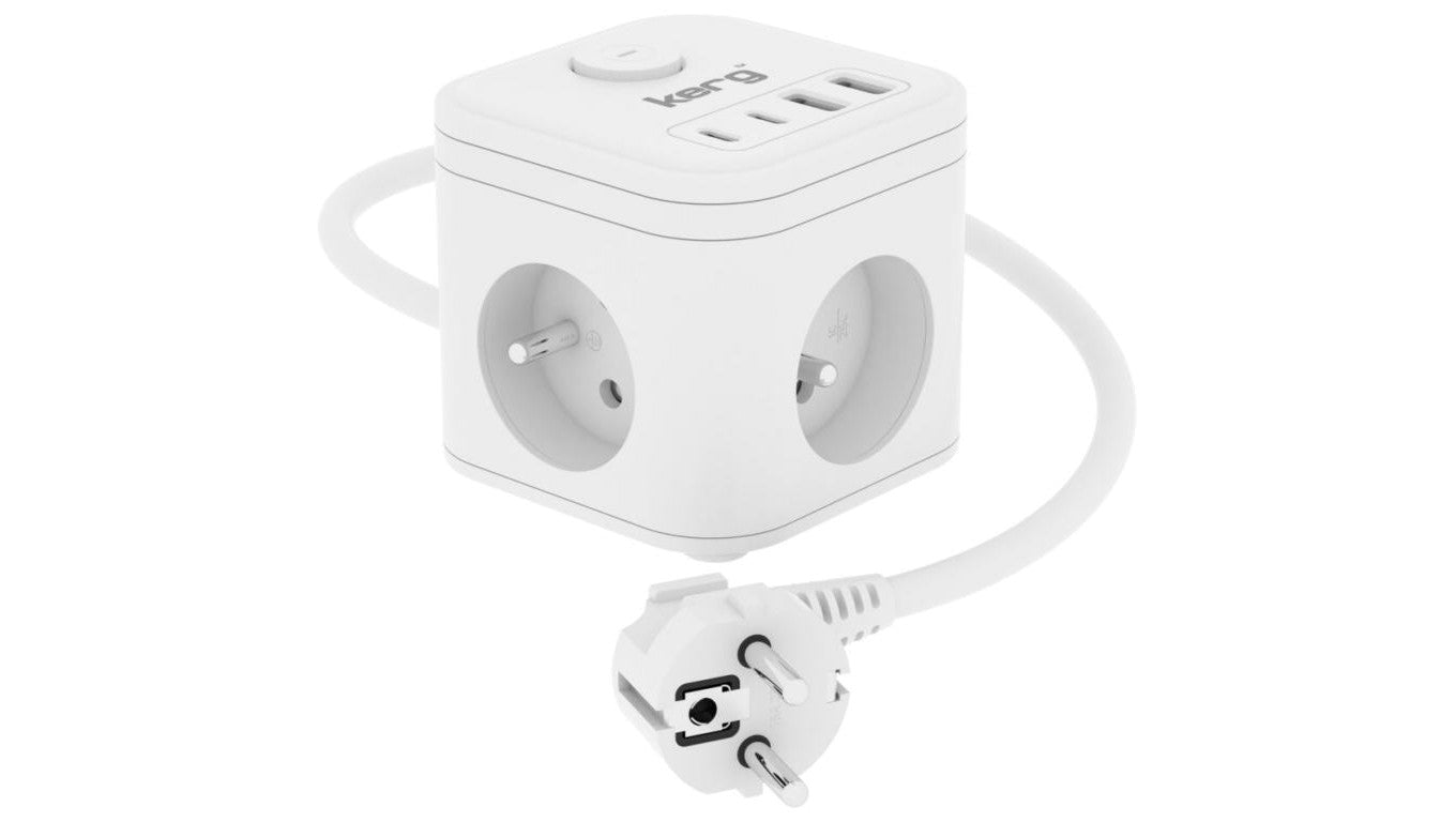 Kostka zasilająca 3-gniazdowa + ładowarka USB-A+USB-C 1,5m 3×1,5mm2 H05VV-F 16A/250V~ KERG Smart biała