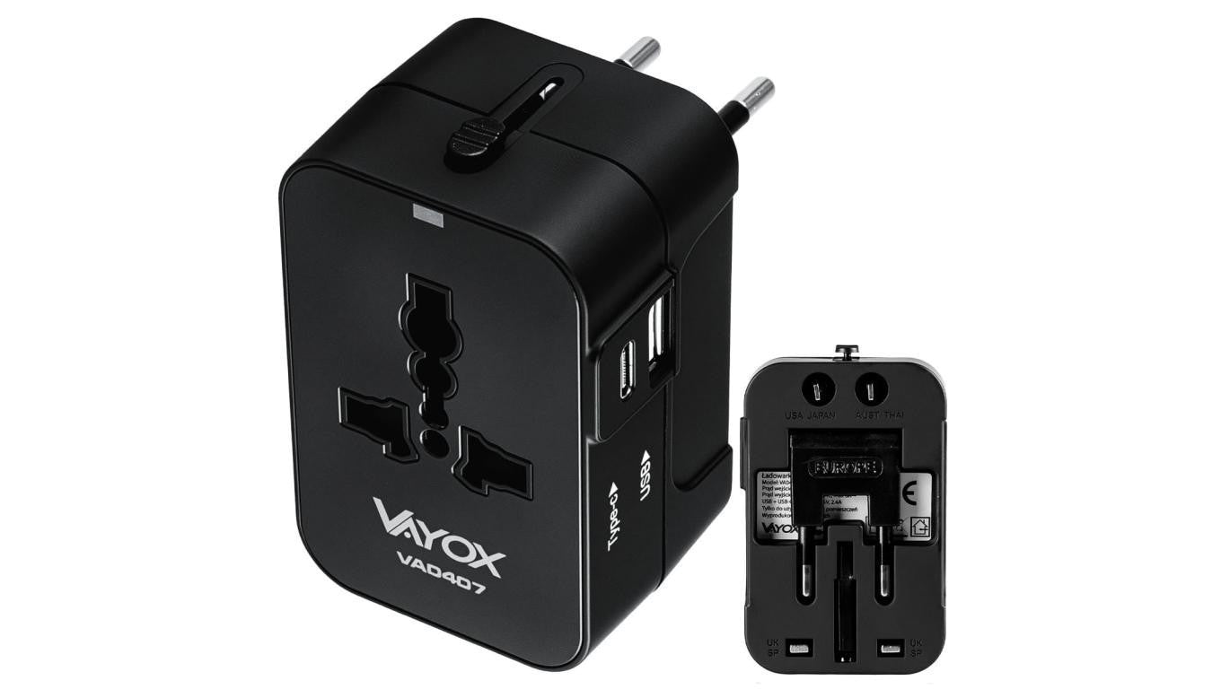 Adapter podróżny UK/US/EU/AU z ładowarką USB-A, USB-C 100V-240Vac 6A 1500W czarny VA0407 Vayox