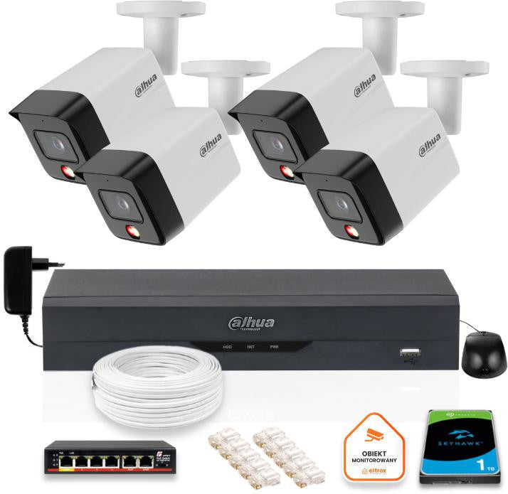 Zestaw monitoringu IP Dahua 4 Kamery zewnętrzne 6mpx dysk twardy