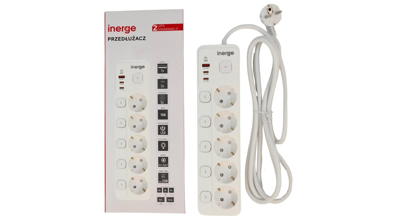 Przedłużacz INERGE 5-gniazdowy 2m ECE-0522PD-02-W