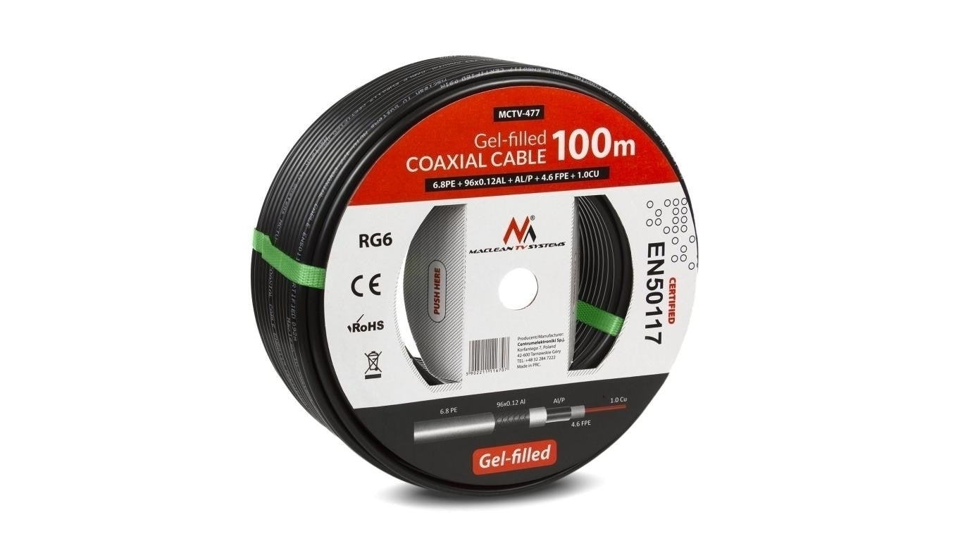 Kabel przewód koncentryczny żelowany satelitarny RG6 100M Maclean MCTV-477 1.0CU+4.6FPE+AL/P+96*0.12AL+6.8PE