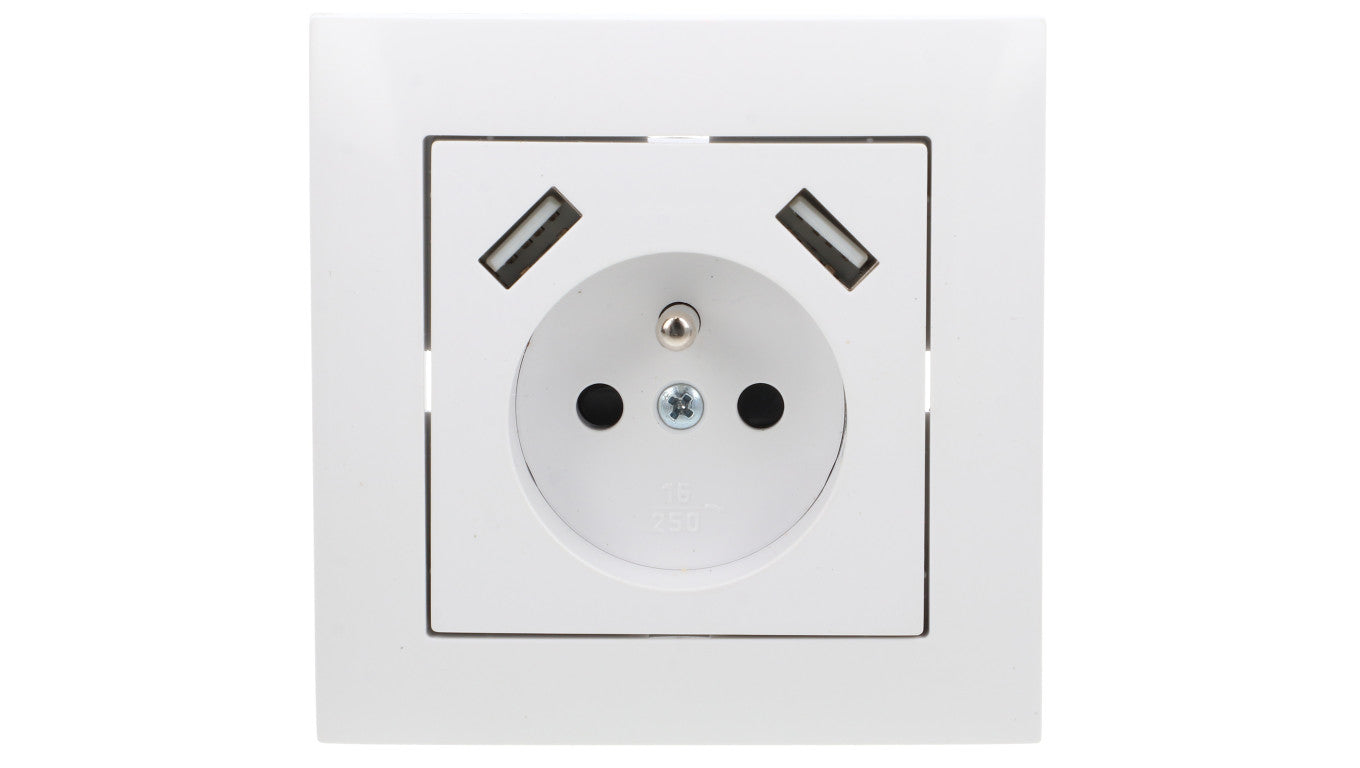 Sentia Gniazdo pojedyncze z/u 16A z USB 2x2,1A 5VDC z przesłonami i ramką białe GPT 2P+Z 2xUSB 1488-00