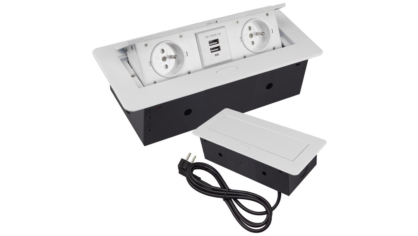 Gniazdo blatowe 3-krotne +2xUSB z pokrywą uchylną białe GB2PL+2-WHITE
