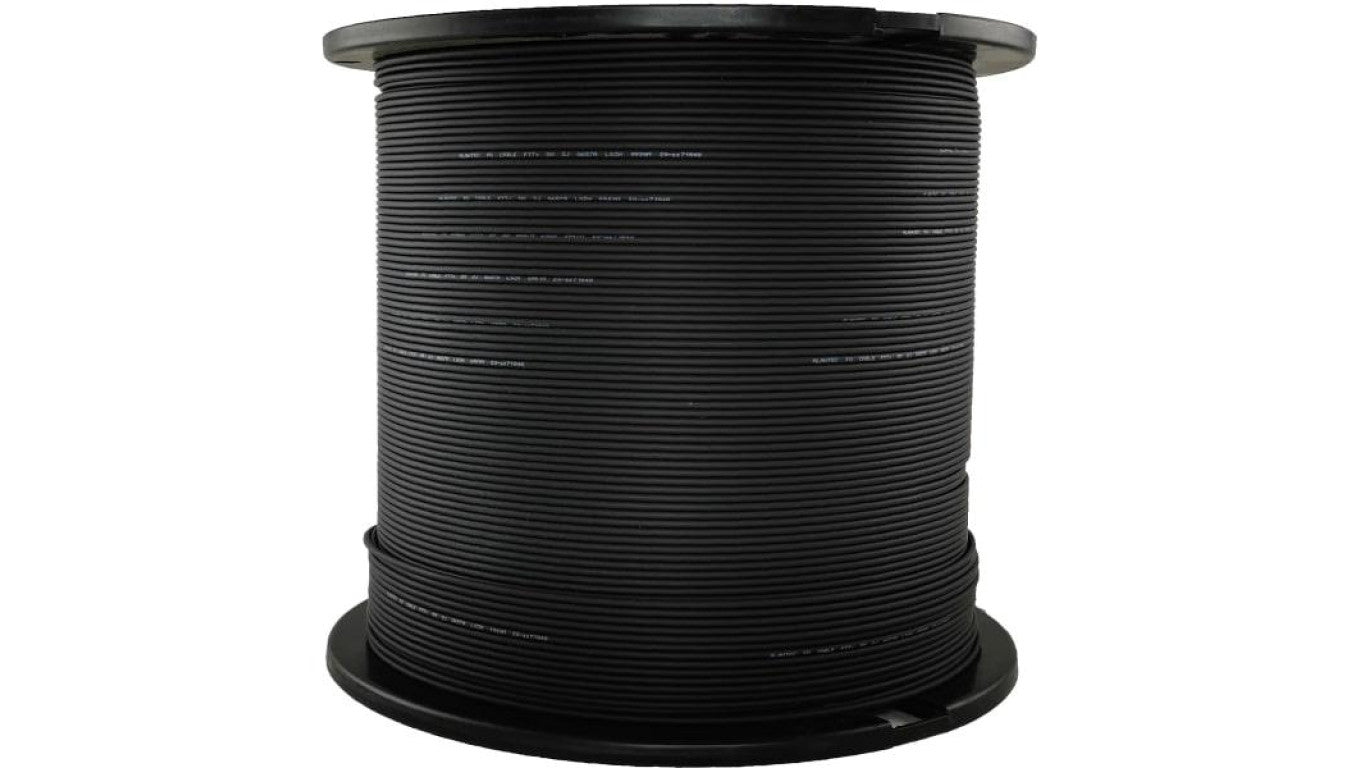 Kabel światłowodowy 2 włókna 2J SM 9/125 FTTH płaski uniwersalny wzmocnienie dwoma prętami stalowymi czarny LSOH Alantec 1000m