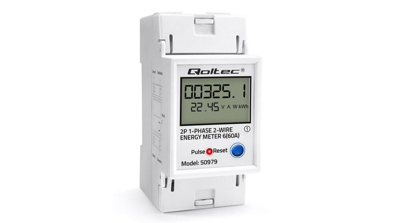 Qoltec Jednofazowy elektroniczny licznik zużycia energii na szynę DIN RESET licznik okresowy i stały 230V 60A LCD LED 2P