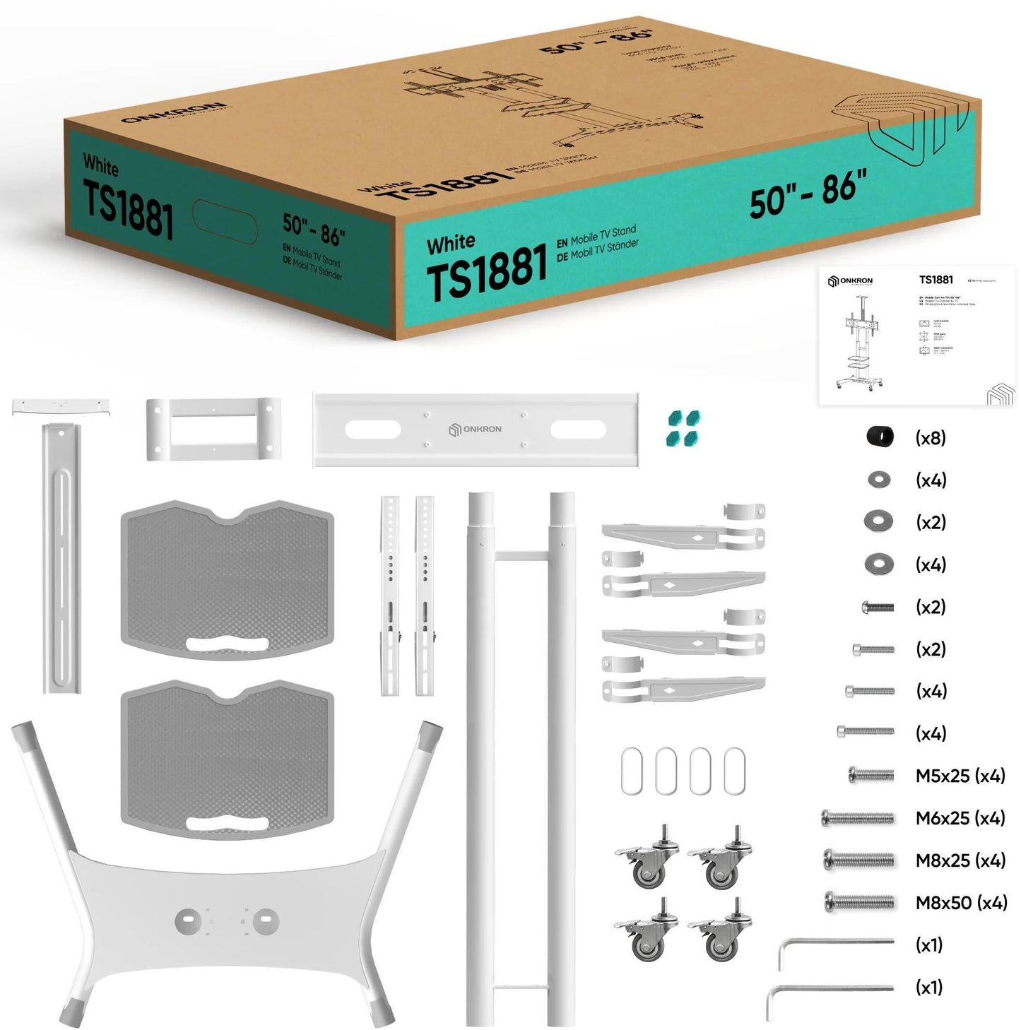 Mobilny stojak do TV 50"-86" do 90 kg ONKRON TS1881 Biały