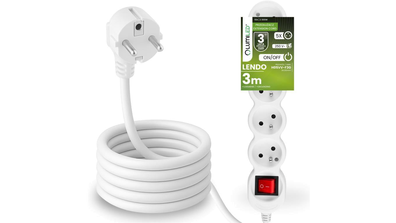 Przedłużacz Sieciowy Kabel z Uziemieniem Listwa Zasilająca 5 Gniazda 3m Włącznik ON/OFF Biały Sznur Lendo Lumiled