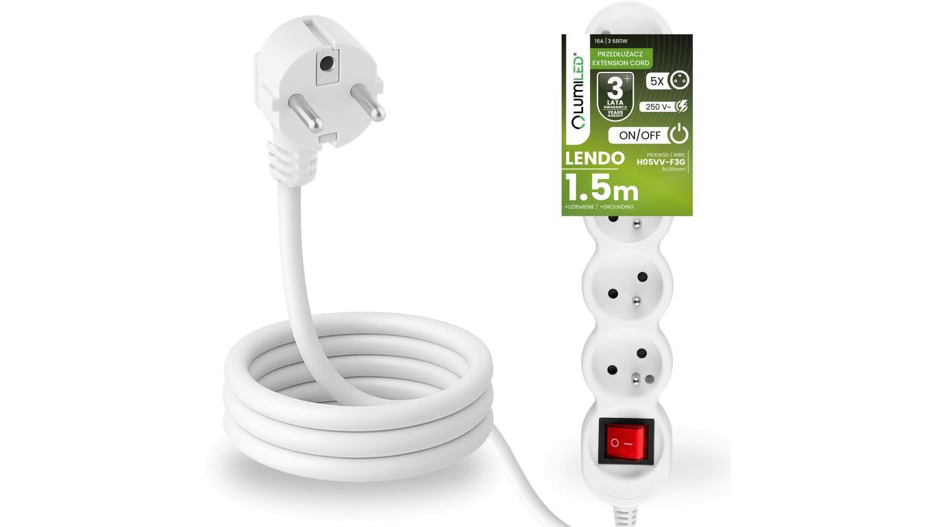 Przedłużacz Sieciowy Kabel z Uziemieniem Listwa Zasilająca 5 Gniazda 1.5m Włącznik ON/OFF Biały Sznur Lendo Lumiled