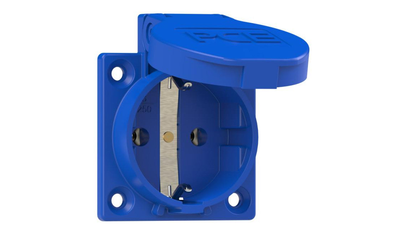 Gniazdo prądowe z klapką 2P+Z Schuko 16A 230V stałe IP54 P-Nova+ PCE tablicowe, do obudowy niebieskie