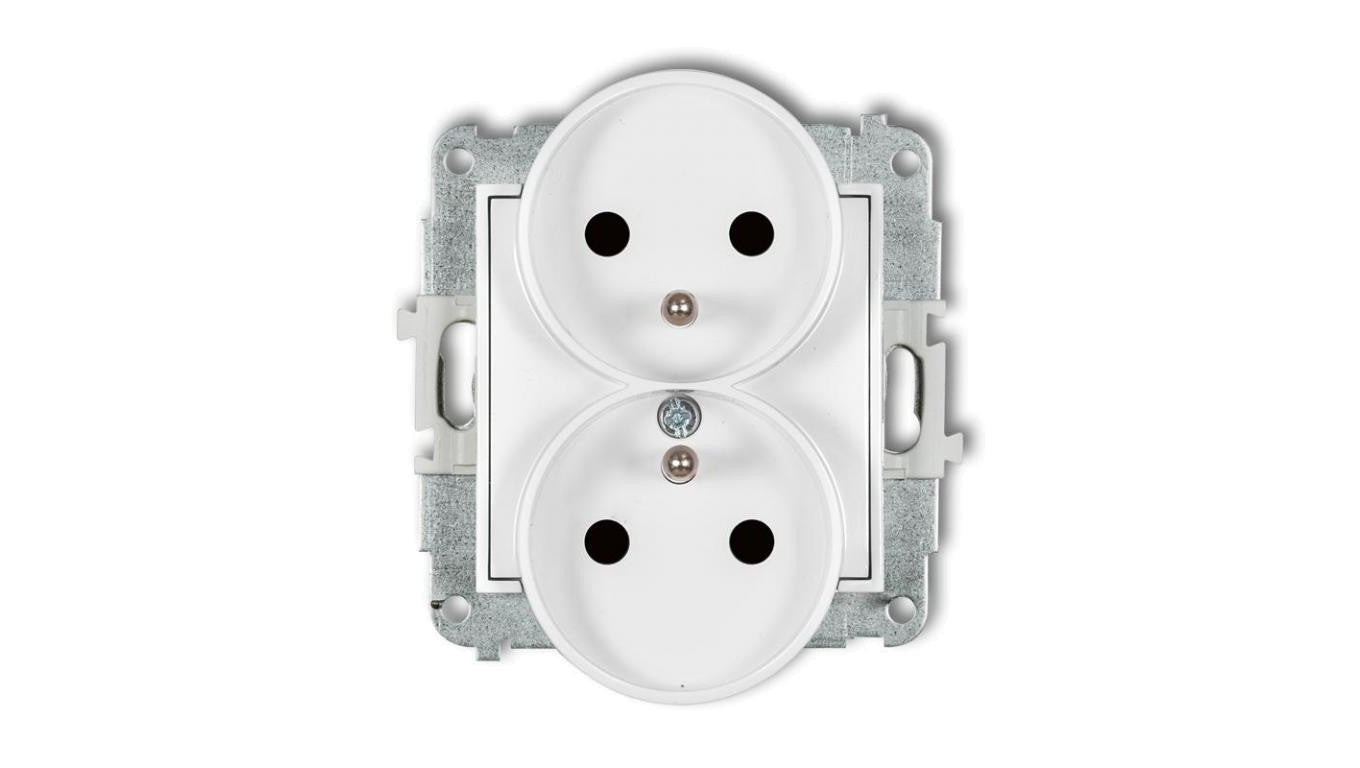 MINI Mechanizm gniazda podwójnego do ramki z uziemieniem 2x(2P+Z) (przesłony torów prądowych) biały mat 25MGPR-2zp