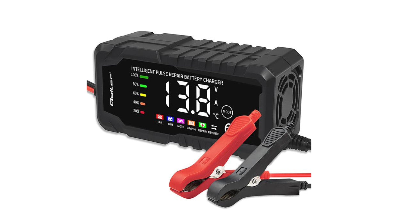 Qoltec Inteligentna mikroprocesorowa ładowarka 12V 6A Prostownik z funkcją naprawy do akumulatora AGM GEL LiFePO4 LCD