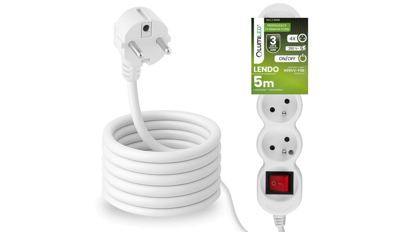 Przedłużacz Sieciowy Kabel z Uziemieniem Listwa Zasilająca 4 Gniazda 5m Włącznik ON/OFF Biały Sznur Lendo Lumiled