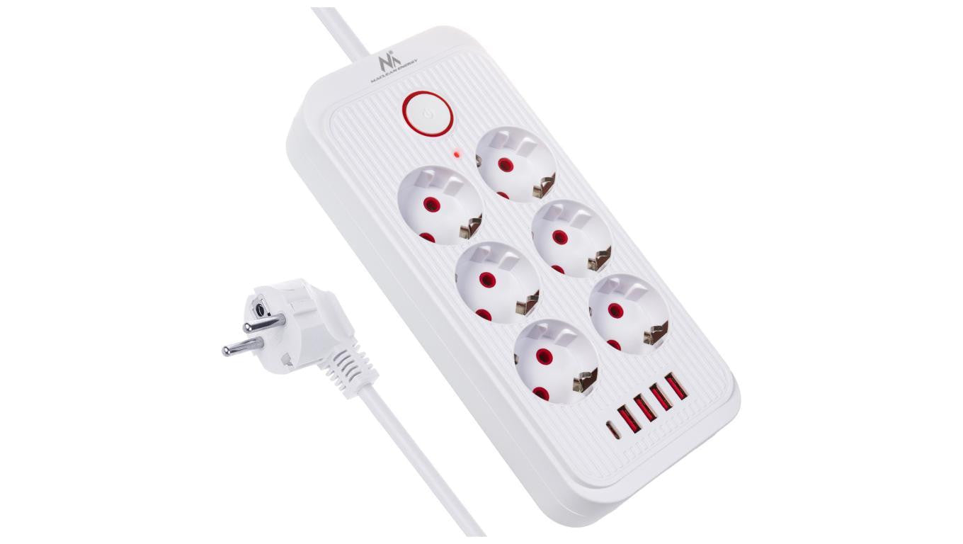 Listwa zasilająca Maclean, przedłużacz 6 gniazd + 4xUSB, 110-240V AC 50/60Hz, 2.1A max 2500W, 3m, biała,MCE391 W