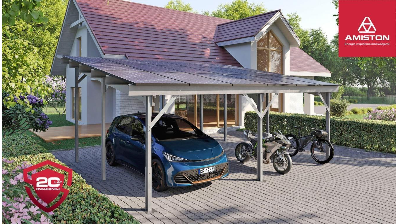 Wiata fotowoltaiczna IMPACT V3/ – rozstaw 4.0/układ 3x4 (12 paneli)/uszczelniony dach srebrny