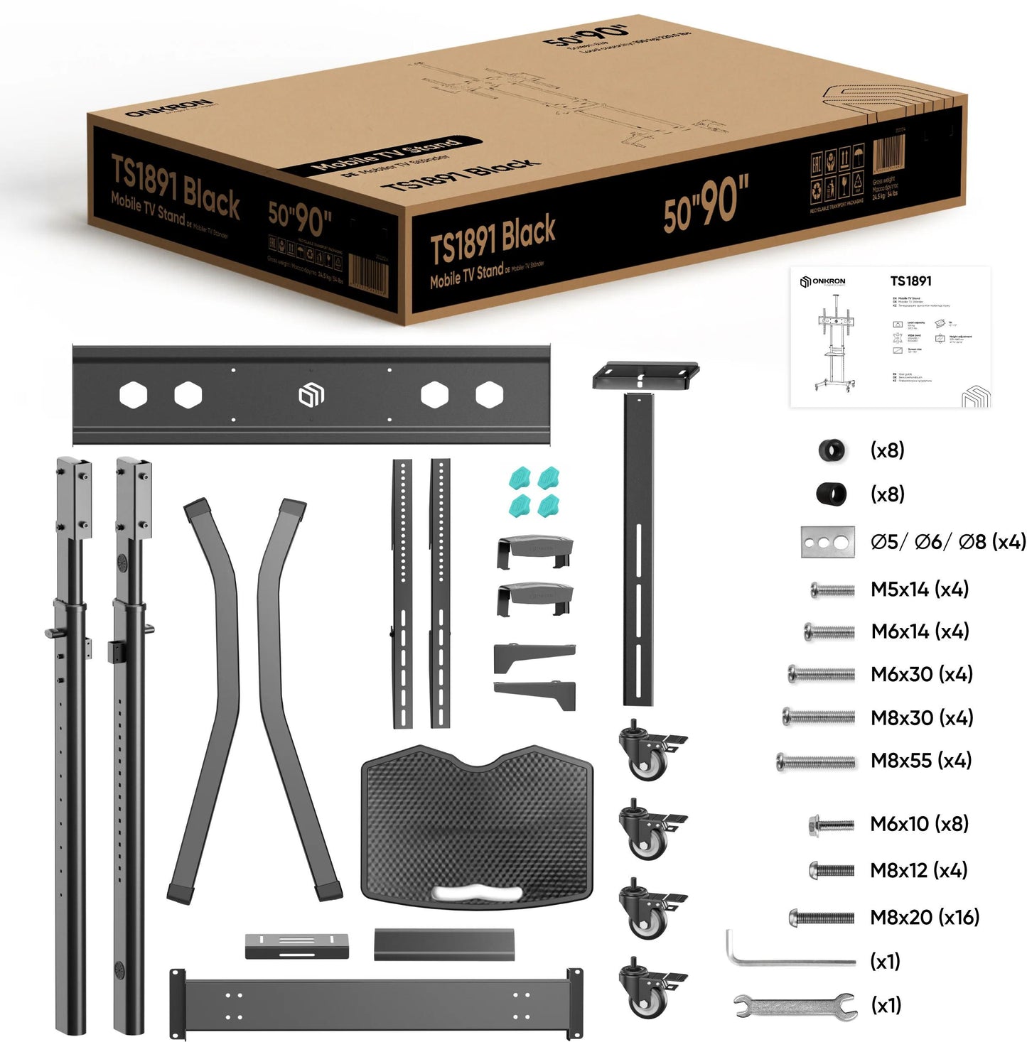 Mobilny stojak do TV 50"-90" do 90 kg ONKRON TS1891 Czarny