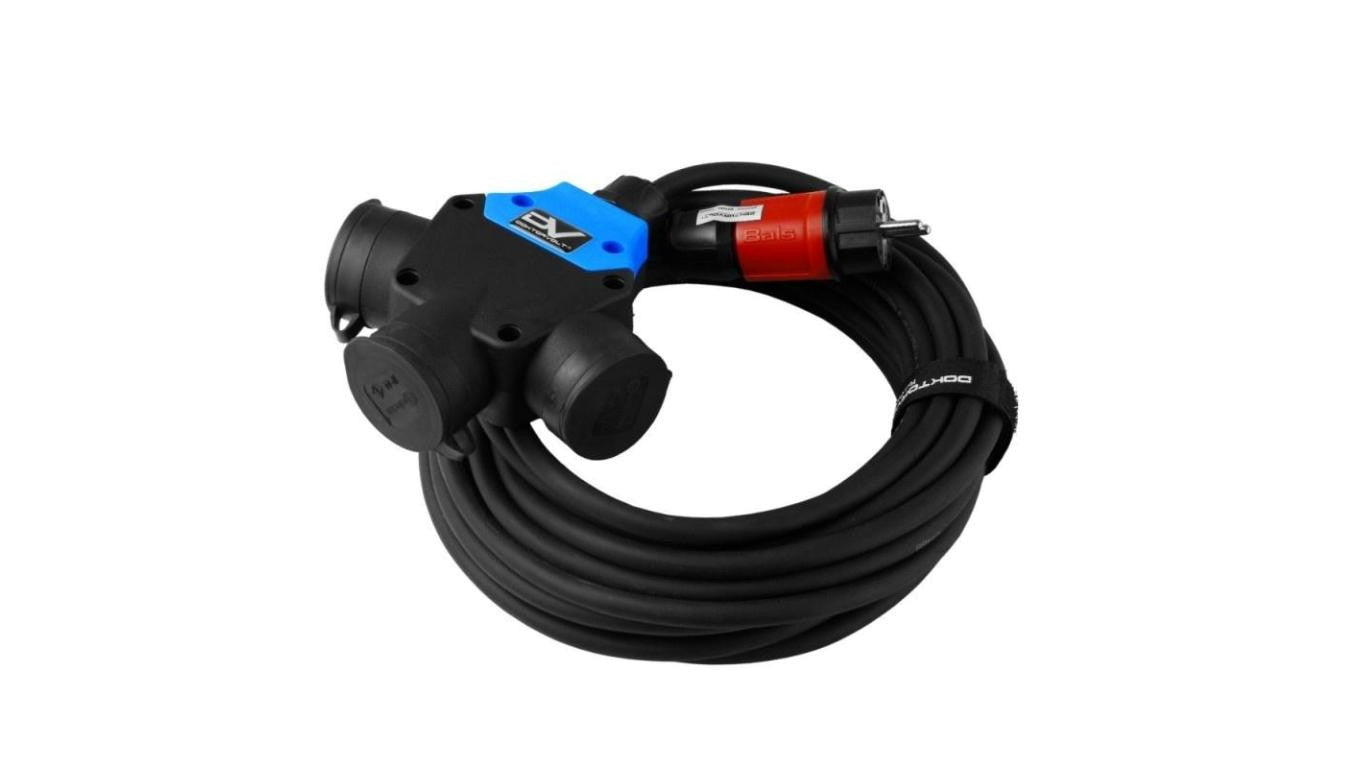 Przedłużacz elektryczny Kabel zasilający budowlany gumowy OnPD 3x2,5mm2 (wtyk / 3 gniazda z klapką) 16A IP44 czarny 10m Doktorvo