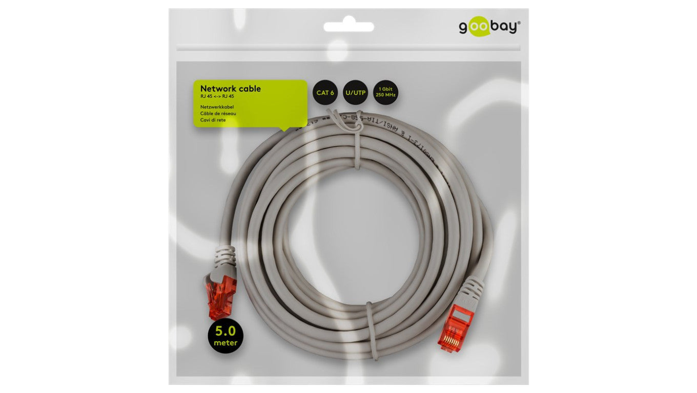 CAT 6Kabel łączący, U/UTP, Szary - Długość kabla 5 m