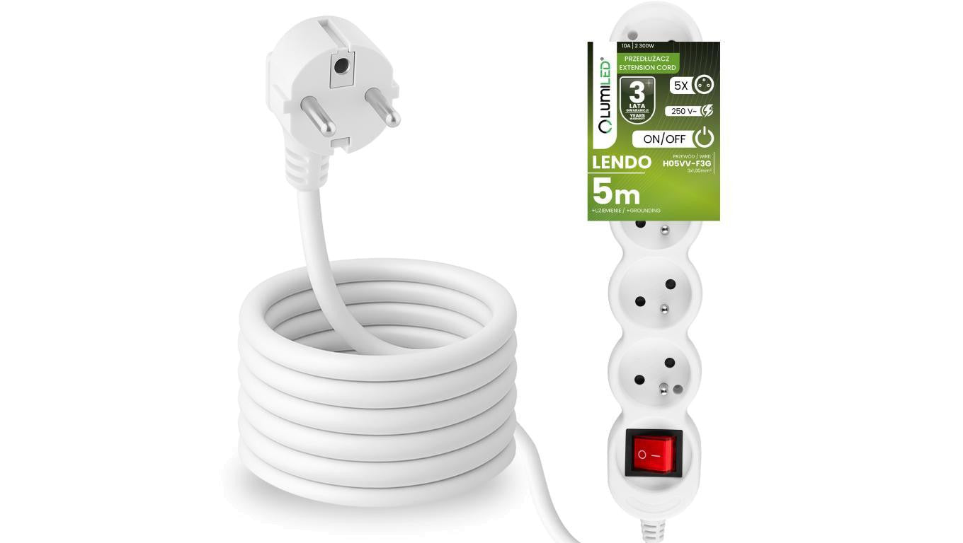 Przedłużacz Sieciowy Kabel z Uziemieniem Listwa Zasilająca 5 Gniazda 5m Włącznik ON/OFF Czarny Sznur Lendo Lumiled