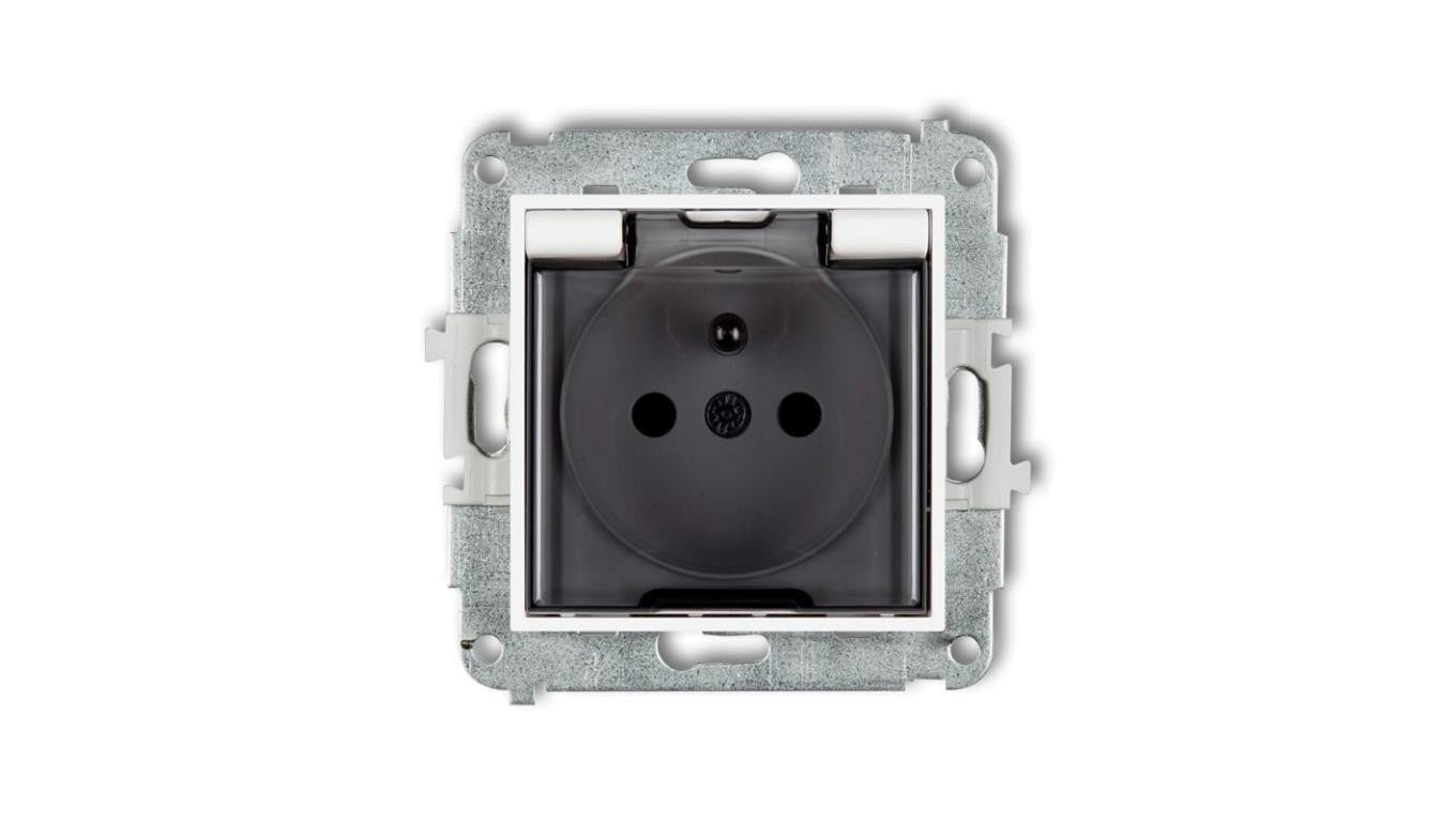 MINI Mechanizm gniazda bryzgoszczelnego z uziemieniem 2P+Z (klapka dymna, przesłony torów prądowych) biały mat 25MGPB-1zdp