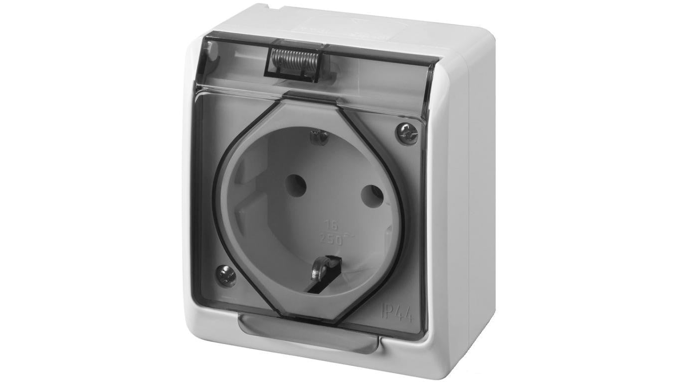 Gniazdo zasilające pojedyncze natynkowe hermetyczne IP44 białe z klapką transparentną 2P+Z Schuko 16A HERMES ELEKTRO-PLAST NASIE